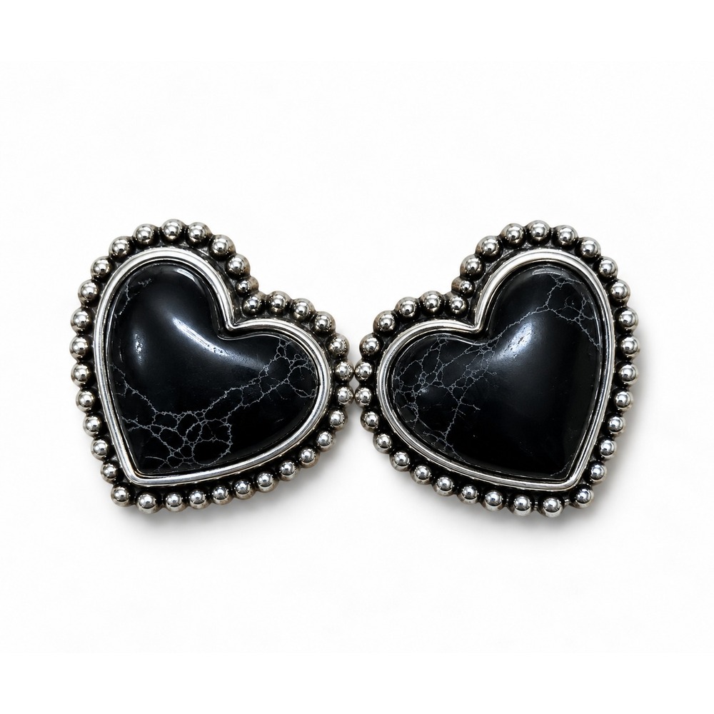Western Heart Stud Earrings Black Howlite Stone Silver Cowgirl Statement 1"